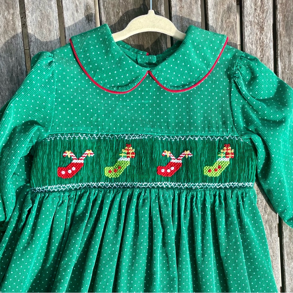 6 Rare Editions Smocked & Embroidered Velvet Christmas Dress in Micro Corduroy